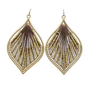 Gold Brown Beaded Teardrop Earrings With Metal Frame Vintage
